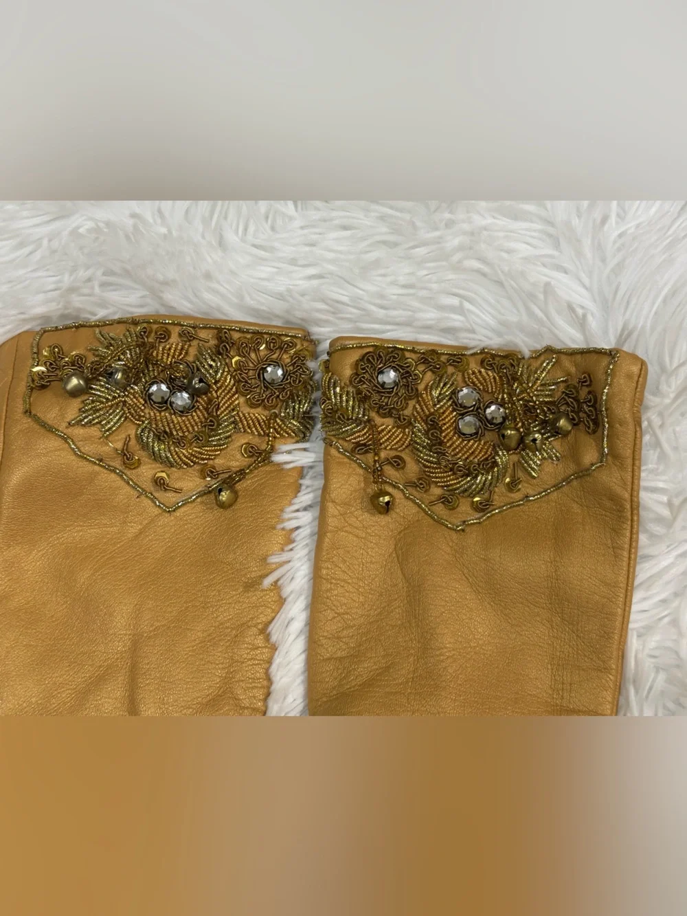 Embellished Tan Leather Women's Gloves